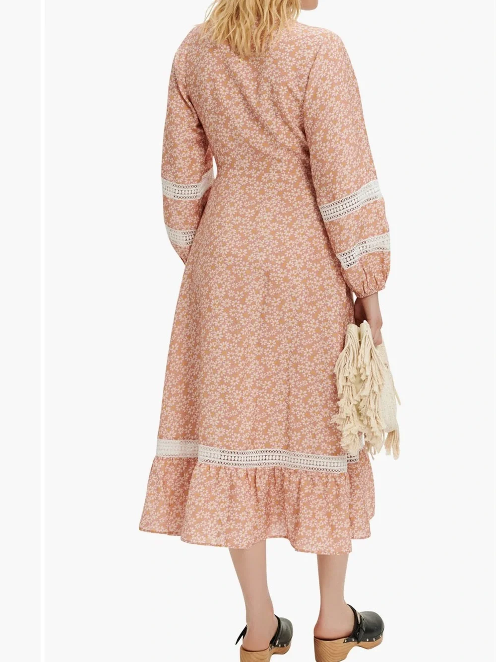 Maje Peach Floral Midi Dress Wrap with Lace Trim - Picture 2 of 5